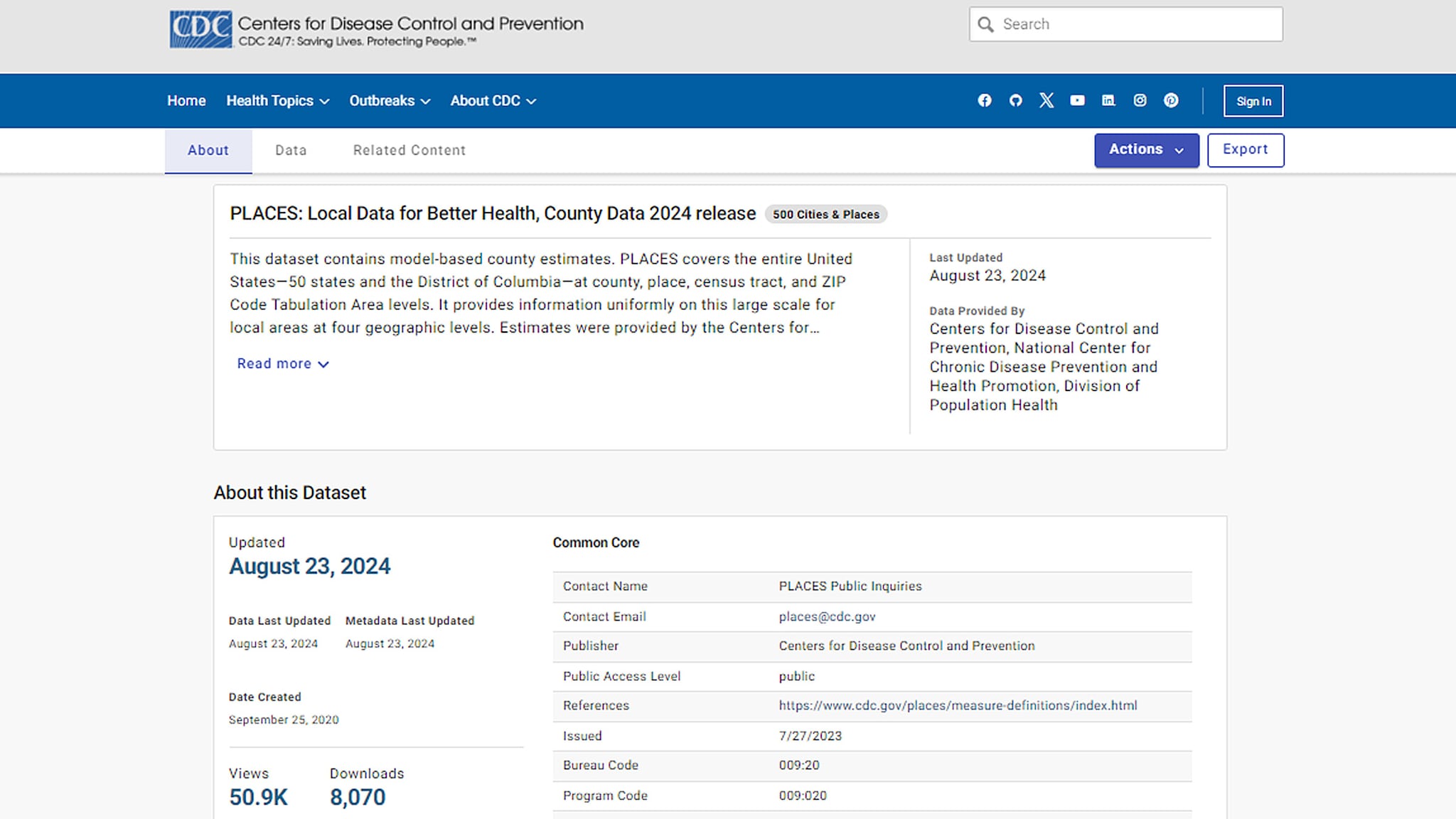 Screen view of the PLACES County Data (opendata format) 2024 Release page.