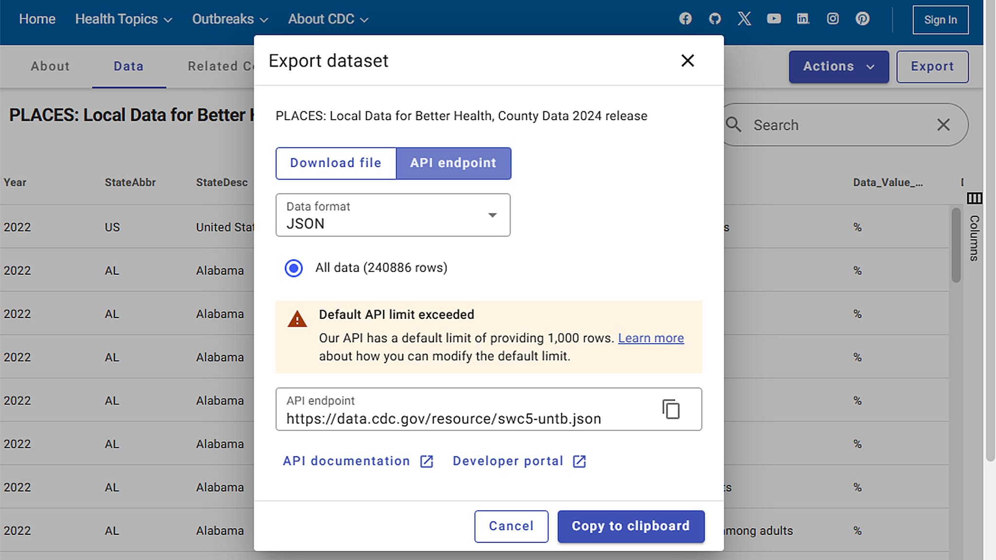 Data Portal Export/Download API endpoint option, showing download of a JSON file.