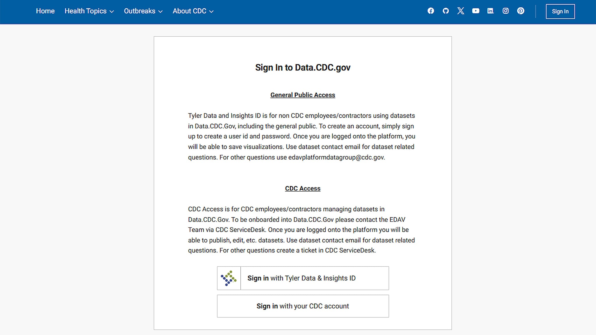 PLACES Data Portal Sign In screen, with either Tyler Data & Insights ID or with your CDC account.