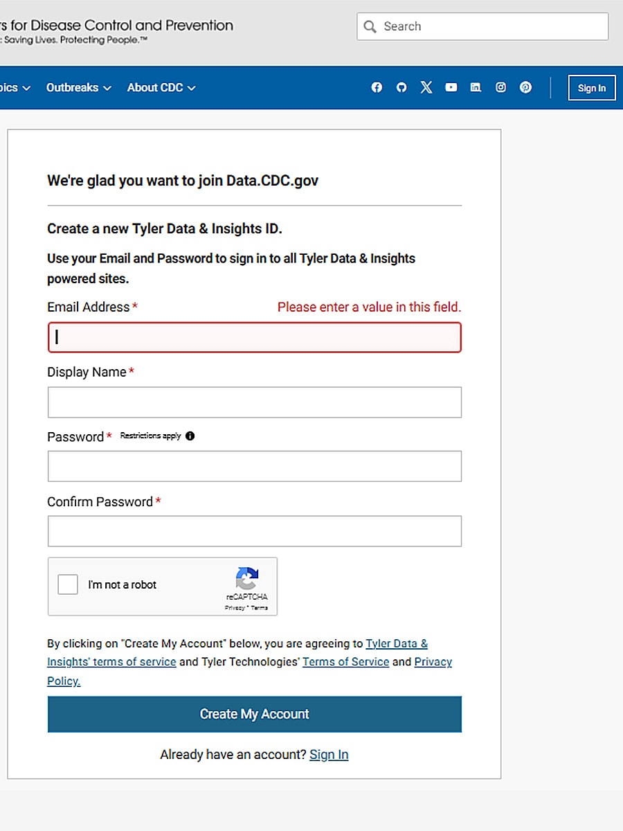 Data Portal screen showing form to sign up for a Tyler Data & Insights ID account for data download.