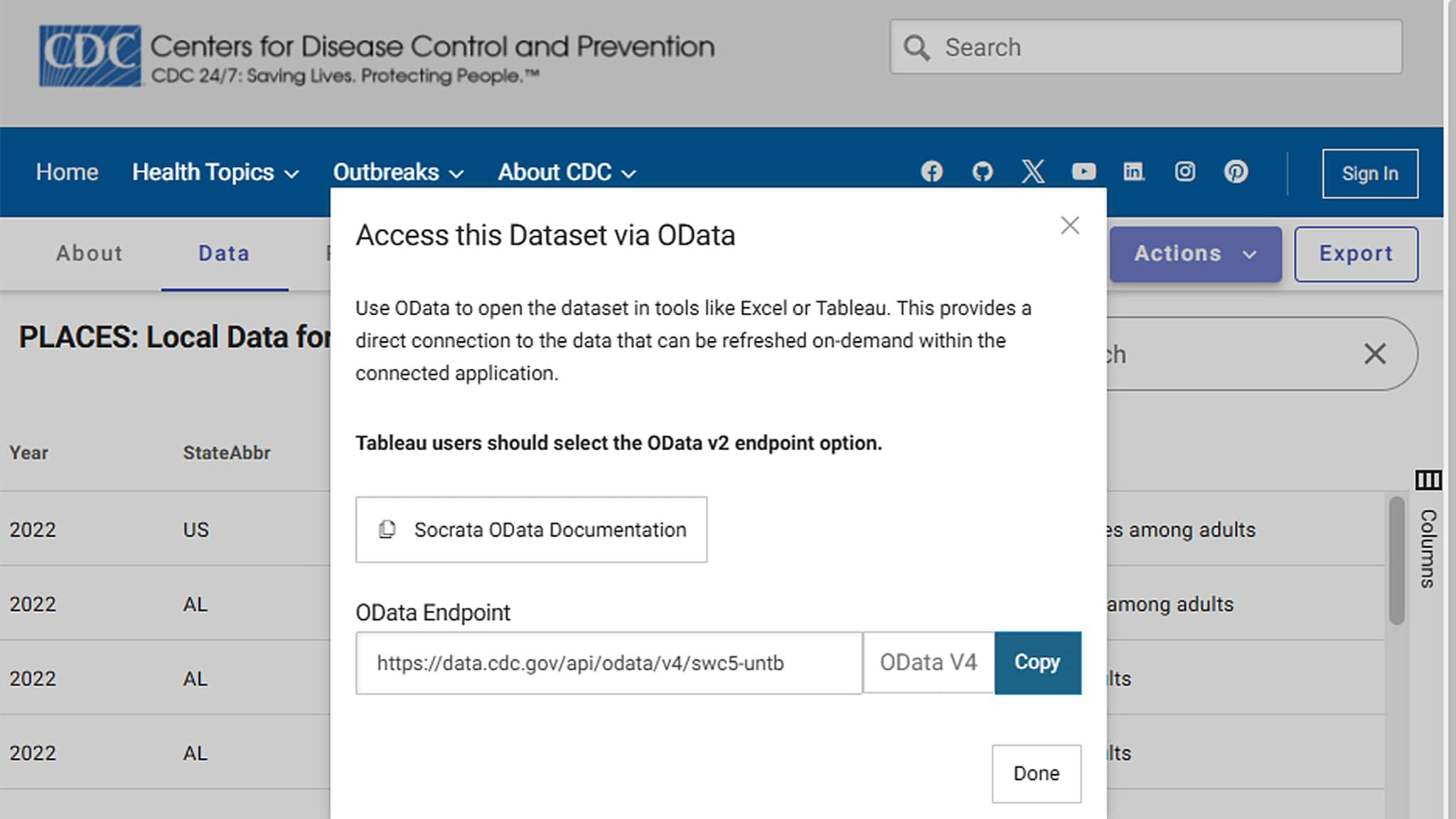 To access the data in oData for Excel, Power BI, Tableau, select Access via oData from Action menu.