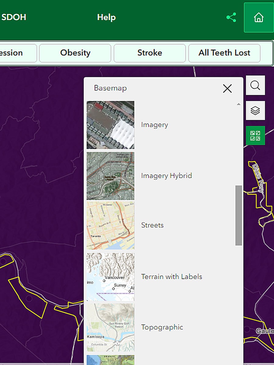 Basemap window with Imagery, Imagery Hybrid, Streets, and Topographic map options.