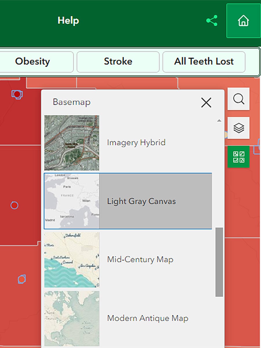 Basemap window with "Light Gray Canvas" option highlighted in darker gray.