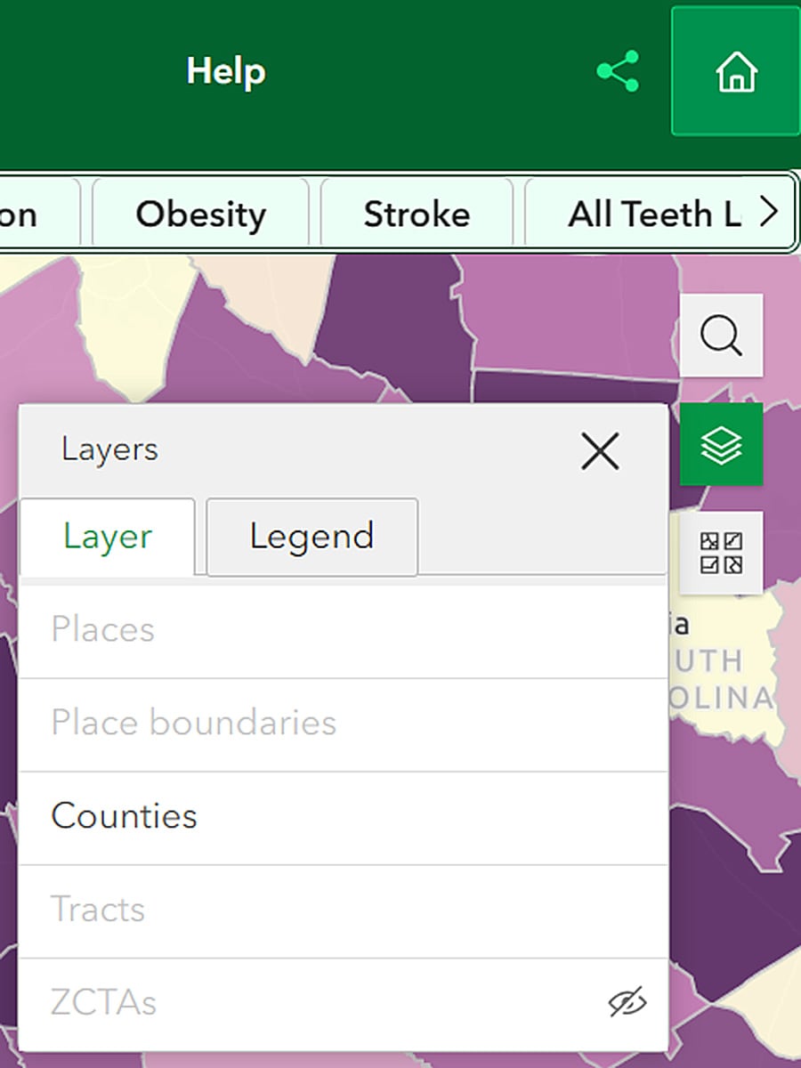 Layer/Legend button with Layer tab highlighted, showing counties is selected.