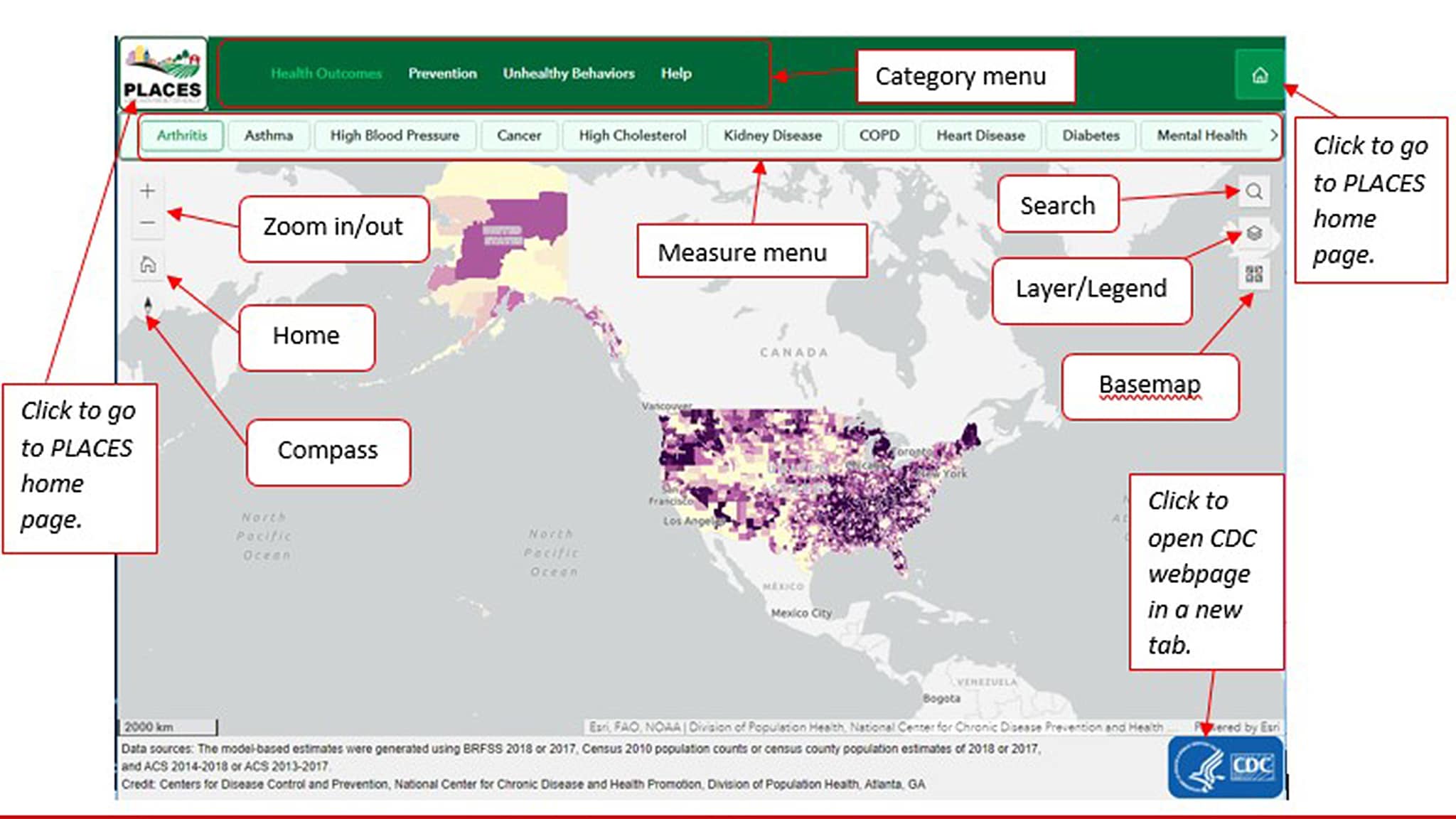 PLACES interactive map home page with explainers for measure menu, layer, legend, basemap, etc.