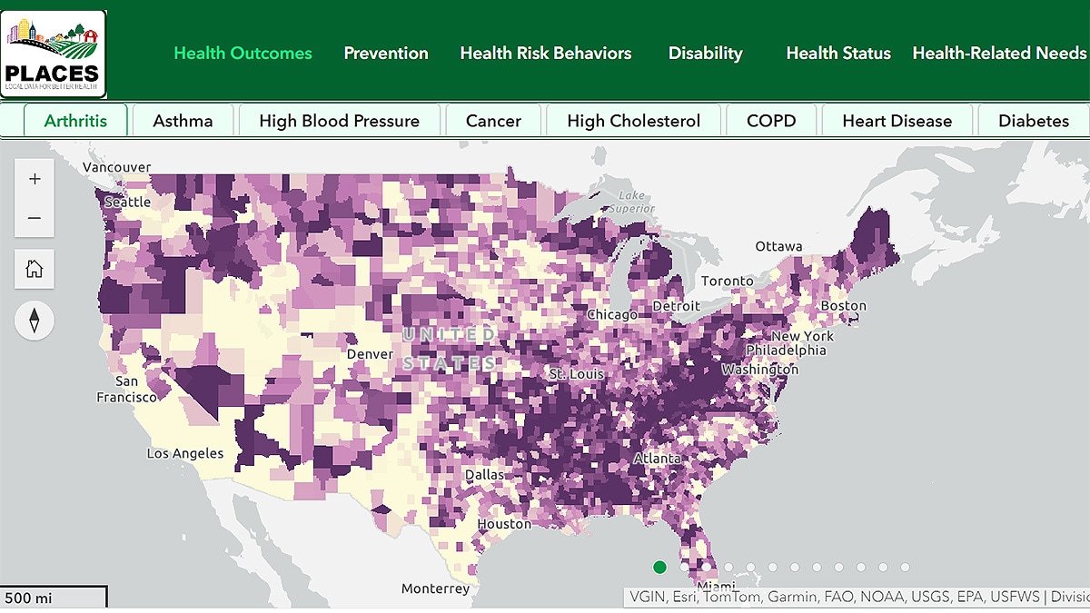 Screen grab of the PLACES interactive map seen at the default setting of the map page.