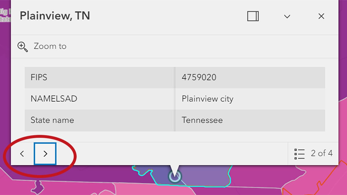 PLACES Map popup displays when a map location is clicked. Arrows allow movement to different area or other layers.