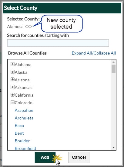 Select a new county from Browse all Counties list to replace original selection and click Add button