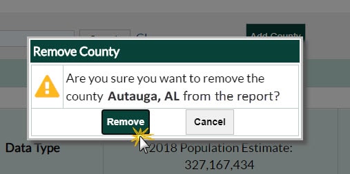 Shown: Confirm removal of county by clicking "Remove" button when dialogue box appears.