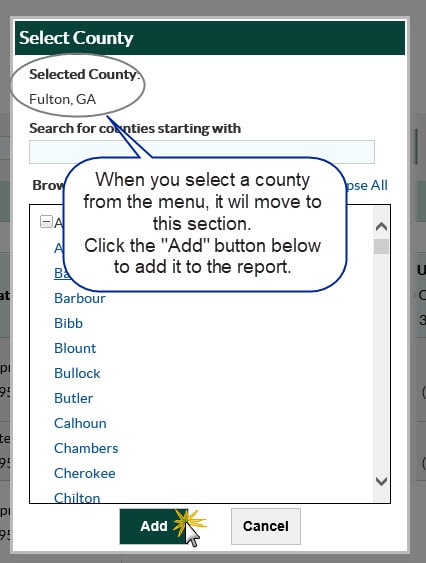 To select the county you wish to add, click the Add button, and allow report to refresh.