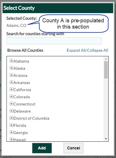 Shown is how first alphabetical county is auto-populated in this section.