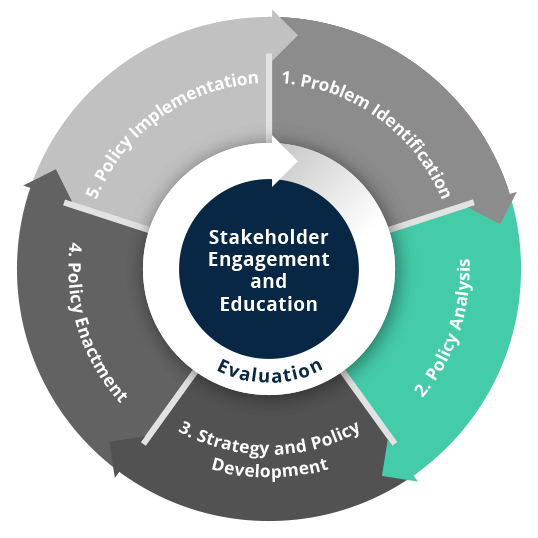 Image of CDC policy process wheel, highlighting policy analysis in green