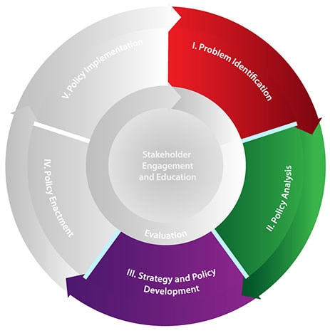 Diagram of CDC Policy Process highlighting the three Policy Analytical Framework domains