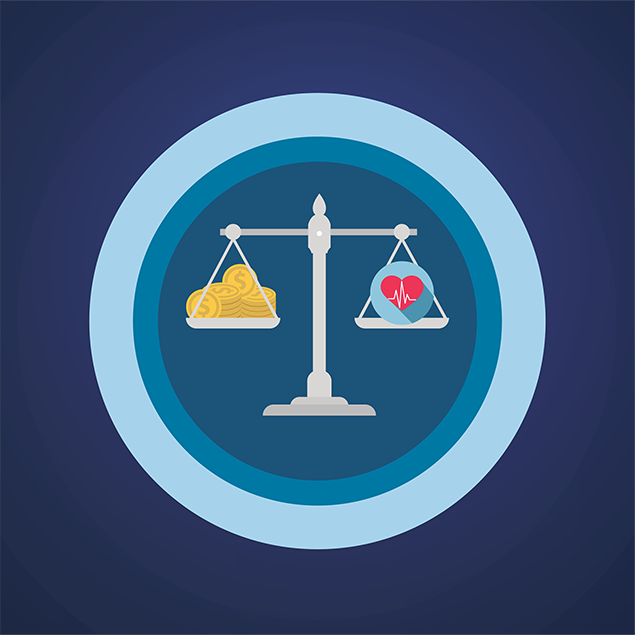 scale weighing coins versus a heart