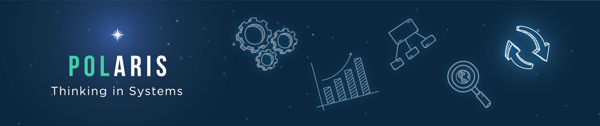 POLARIS Thinking in Systems with illustration of a star-filled sky, constellation-like gears, bar chart, process map, magnifying glass, and arrows.