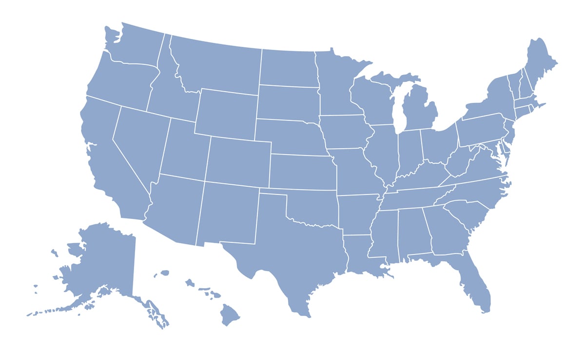 A blue map of the United States.