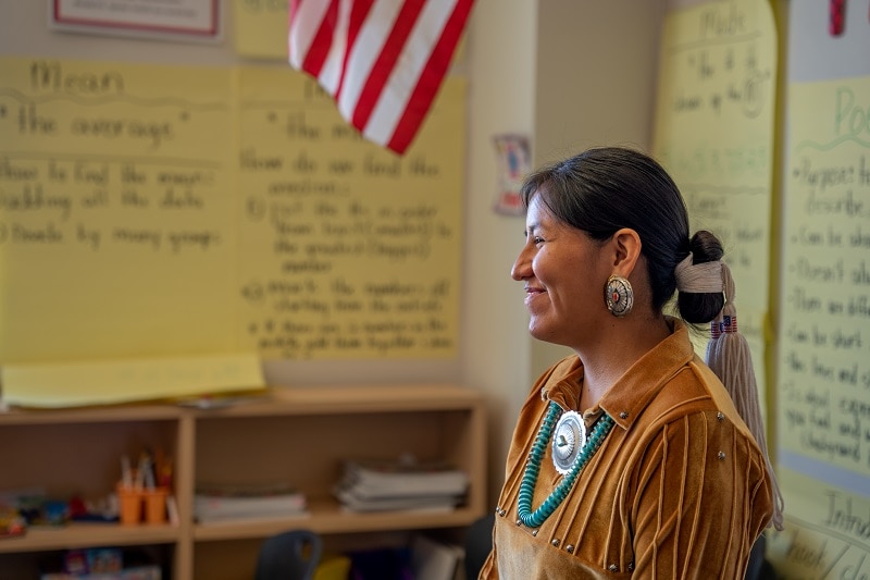 Smiling female teacher at the front of her classroom engaging and teaching her students