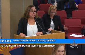 Woman of color standing behind a podium and speaking to a state senate committee