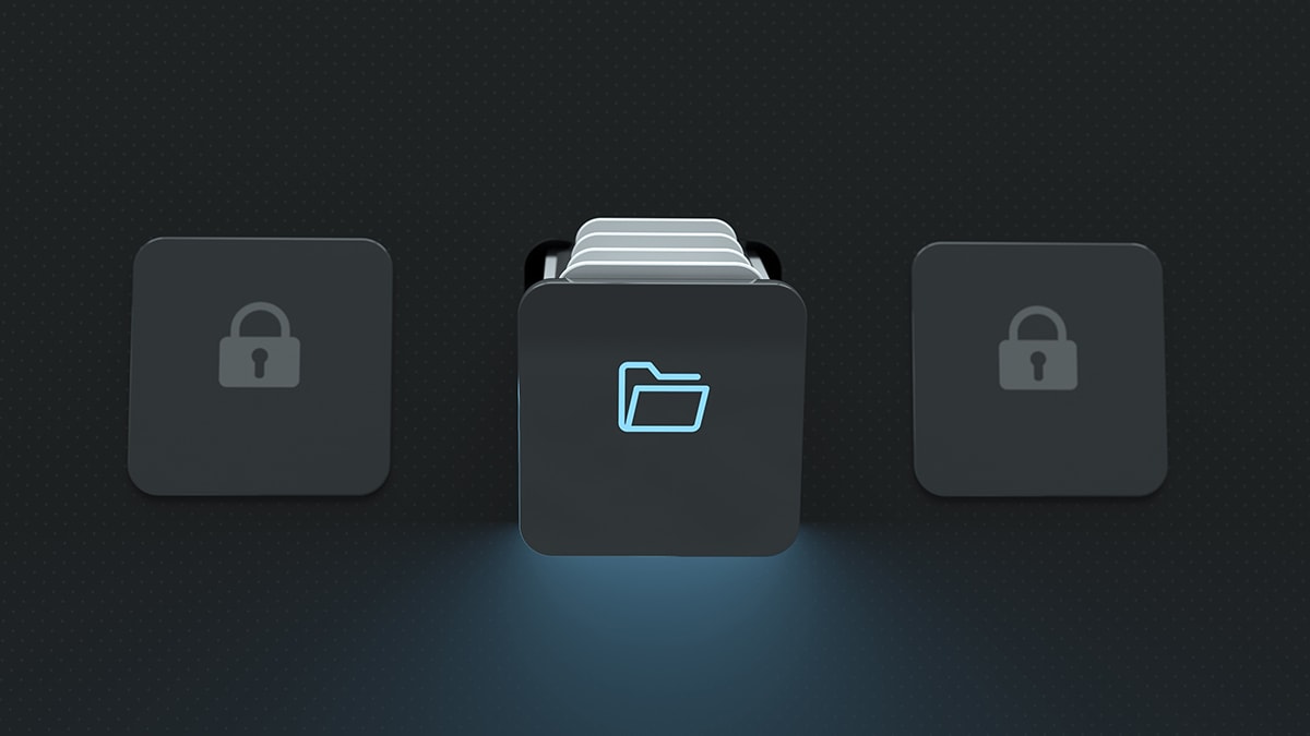 Three file folders -- two locked, one unlocked and open