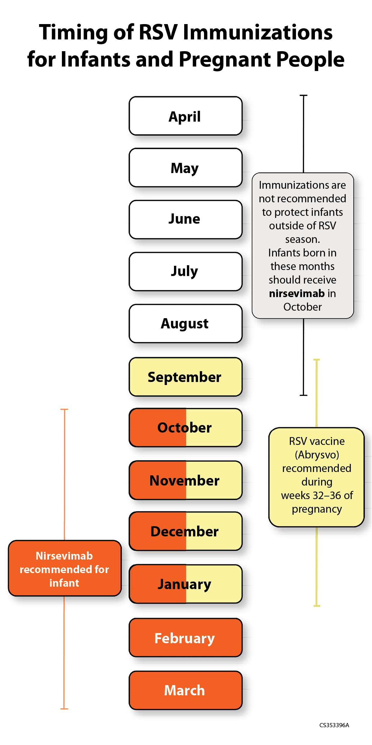 RSV vaccine (Abrysvo) recommended during week 32-36 of pregnancy: September through January. Nirsevimab recommended for infant: October through March. Immunizations are not recommended to protect infants outside of RSV season. Infants born between April through September should receive nirsevimab in October.