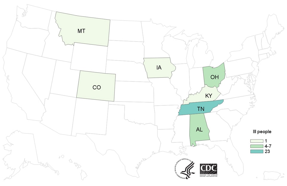 Map of United States - People infected with the outbreak strain of Salmonella, by state of residence, as of October 1, 2018