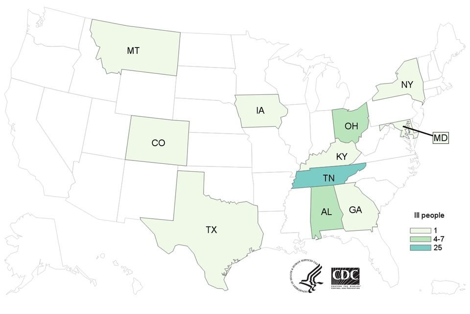 Map of United States - People infected with the outbreak strain of Salmonella, by state of residence, as of October 24, 2018