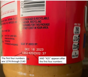 Image of recalled peanut butter label with best if used by date and lot number.