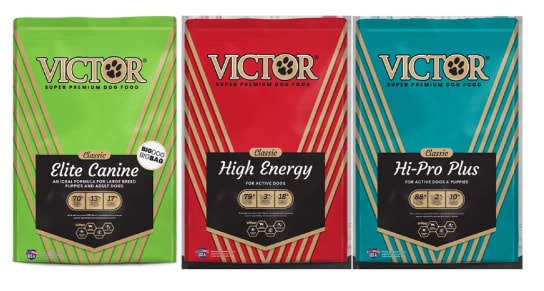 Image of three bags of Victor dry dog food.