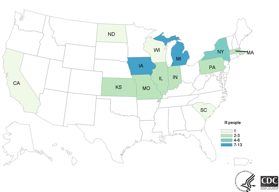 Map of United States - People infected with the outbreak strain of Salmonella, by state of residence, as of July 3, 2019