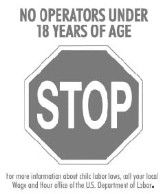 Letrero que dice NO OPERATORS UNDER 18 YEARS OF AGE (en espa%26ntilde;ol, NO SE PERMITEN OPERADORES MENORES DE 18 A%26Ntilde;OS DE EDAD)