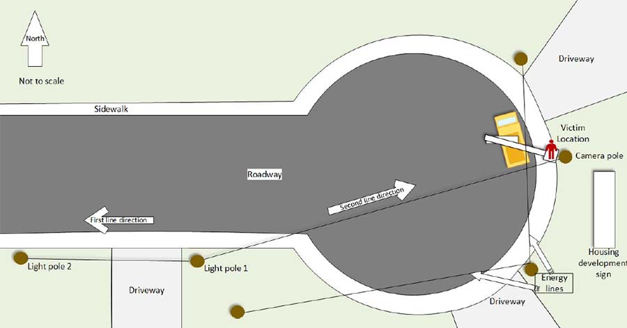 diagrama de lugar del incidente, calle sin salida con el camión ubicado al final del círculo cerca de los cables eléctricos