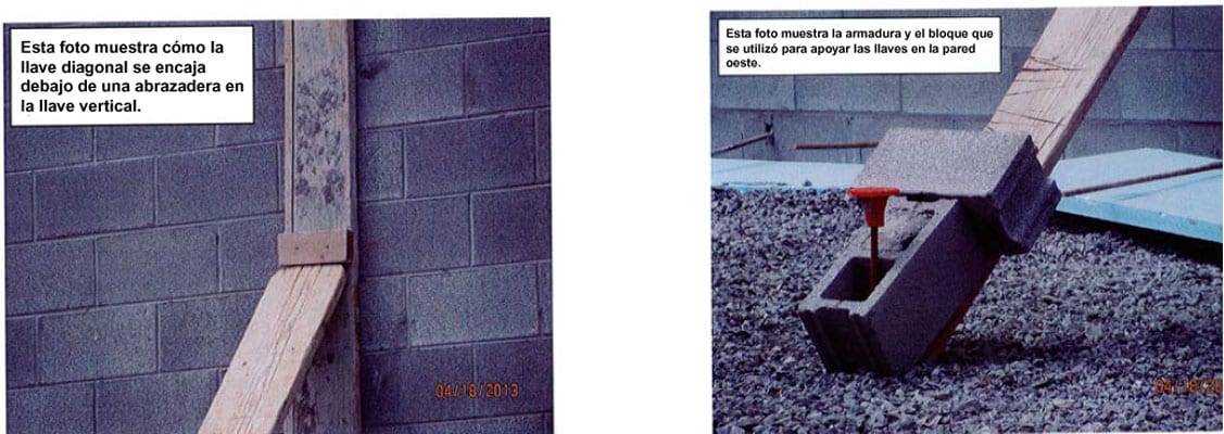 Fotografía 1. Listón superior del puntal del muro. Fotografía 2. Bloques y barra de refuerzo empleados para asegurar el  puntal del muro.