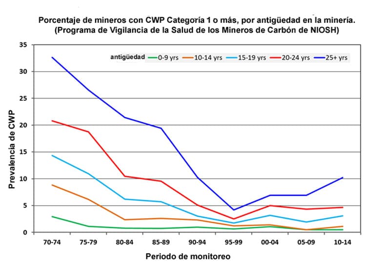 Porcentaje de mineros con CWP Categoría 1 o más, por antigüedad en la minería.