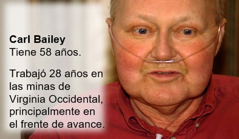 “Una de las fotos de Las caras de la neumoconiosis de los mineros de carbón, que muestra al minero Carl Bailey, que tiene una cánula nasal puesta para recibir más oxígeno”.