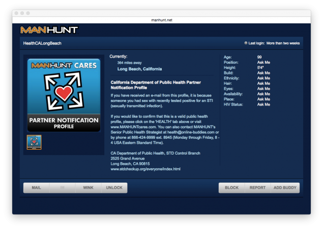 An example personal profile for Manhunt.com for health care professionals.