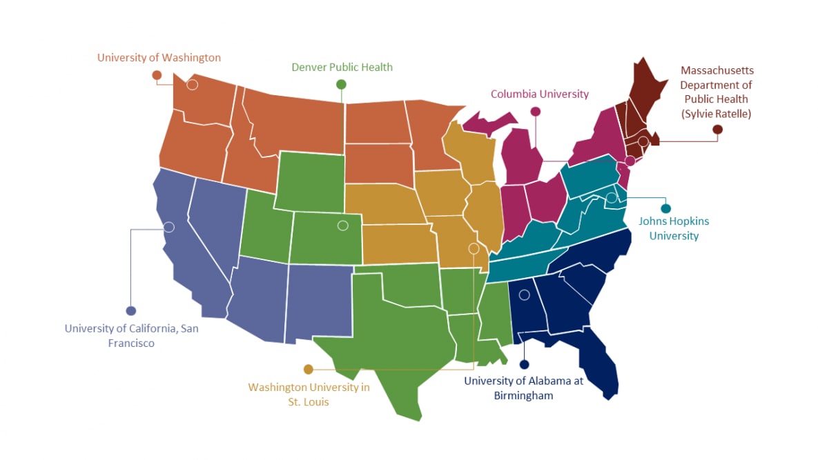 A map of the United States, split into eight sections, each representing a training center and the states they cover.