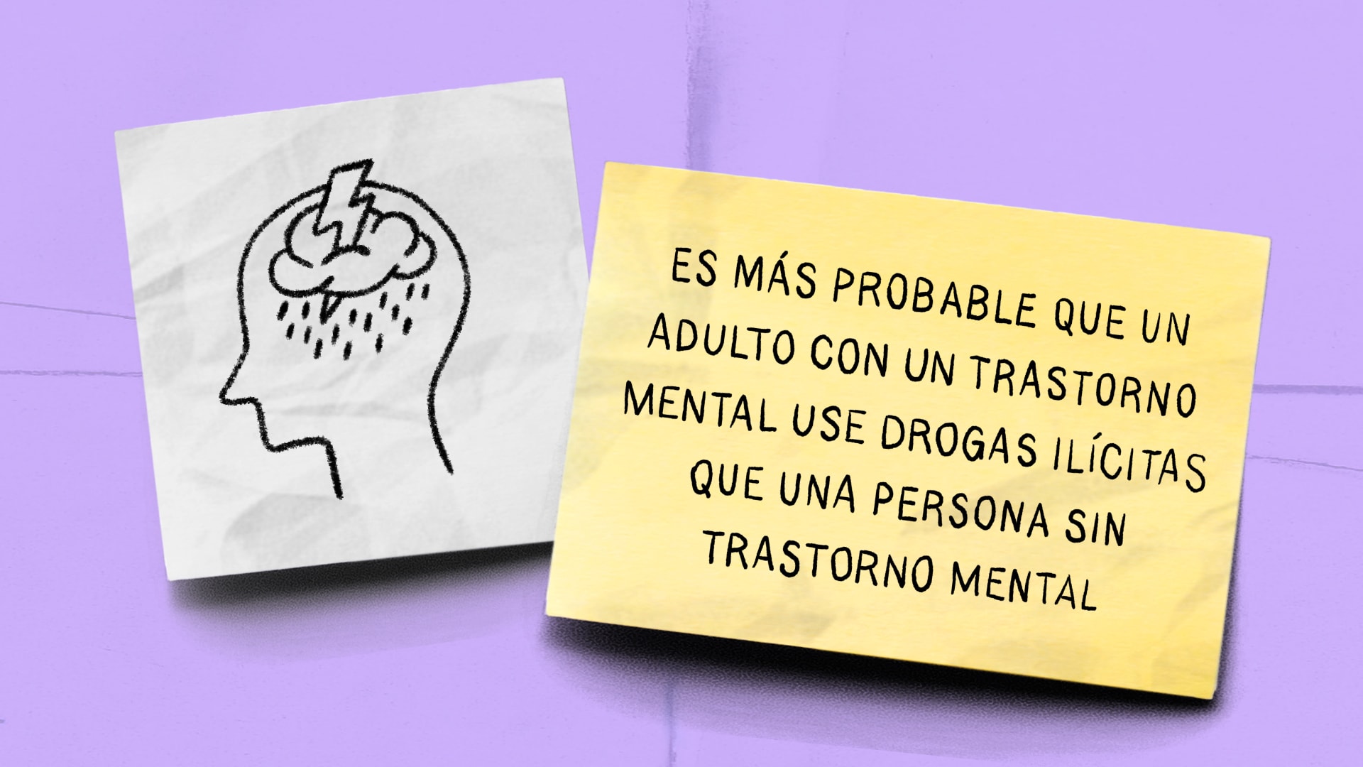 Notas adhesivas con un dibujo y el texto: "Es más probable que un adulto con un trastorno mental use drogas ilícitas que una persona sin transtorno mental."