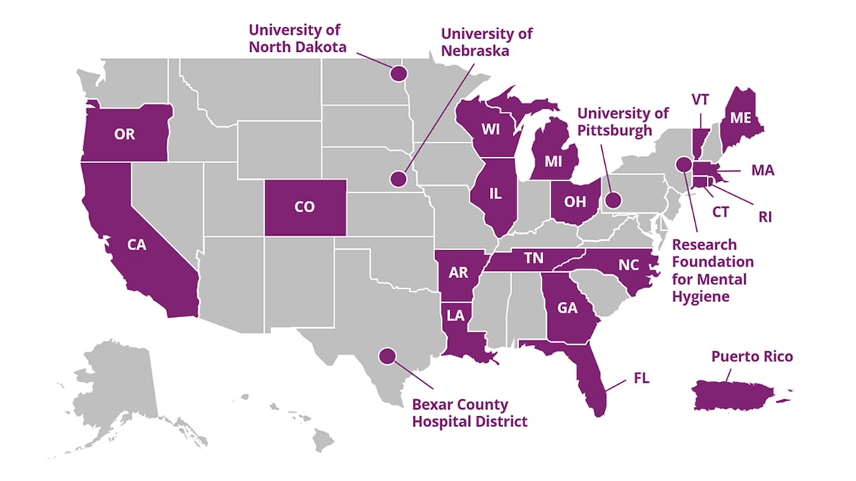 Map of the US with the location of each CSP Funded Program highlighted