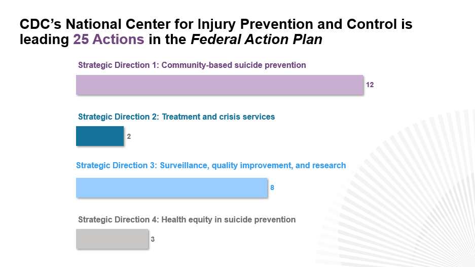 CDC's National Center for Injury Prevention and Control is leading 25 actions in the Federal Action Plan. Chart of strategic directions.