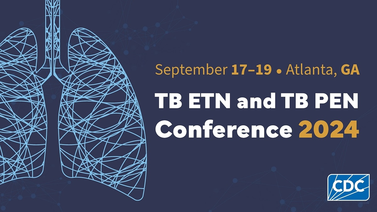 A line drawing of lungs is in light blue on a dark blue background. Text reads: "TB ETN and TB PEN Conference 2024"