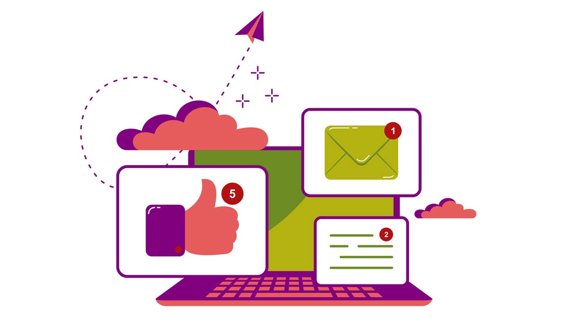 Graphic illustration of likes and comments on social network and laptop with chatting notifications on table