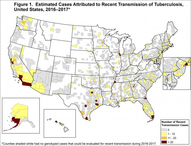 Recent transmission is evaluated using national TB molecular surveillance data. A case is estimated to be attributed to recent transmission if a plausible source case can be identified who: has the same M. tuberculosis genotype, has an infectious form of TB disease, resides within 10 miles of the case, is 10 years of age or older, and was diagnosed within 2 years prior to the case’s diagnosis date.