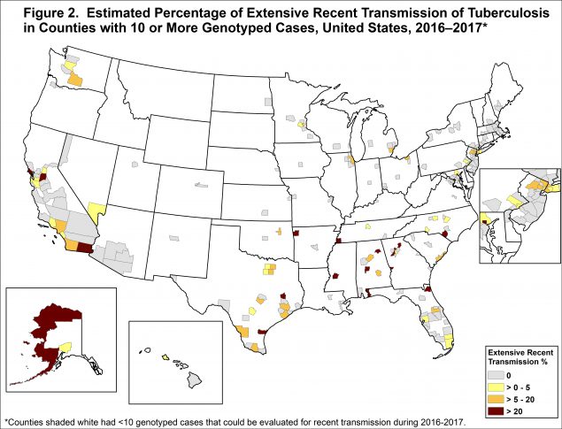 A TB case is estimated to be attributed to extensive recent transmission when the case is attributed to recent transmission using the plausible source case method, and the case belongs to a plausible transmission chain of 6 or more cases within 3 years prior to the case’s diagnosis date.