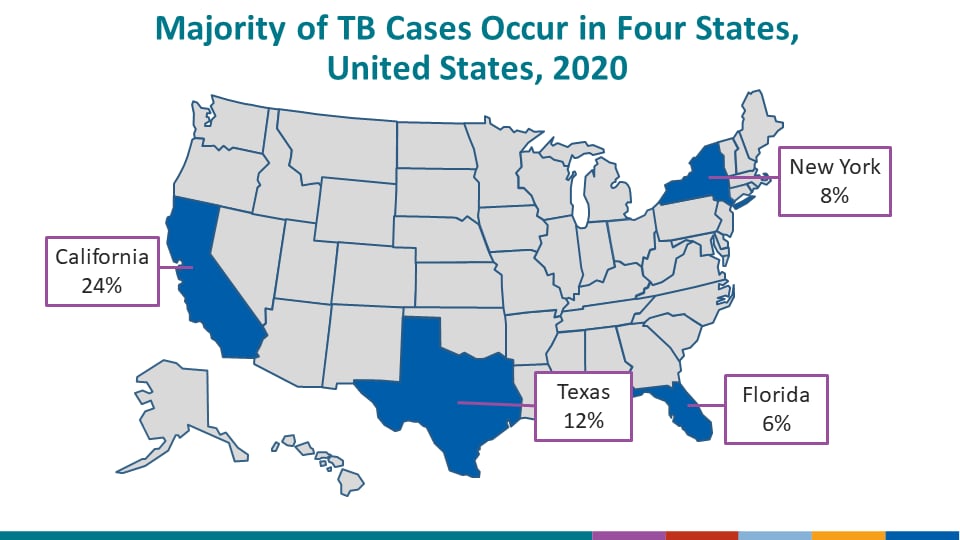 Majority of TB Cases Occur in Four States, United States, 2020