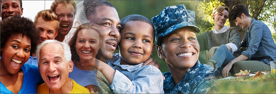 Groups of people, smiling crowd, father and son, woman in military uniform, smiling couple