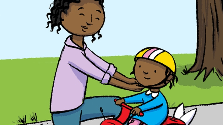 Illustration of mother with son on scooter