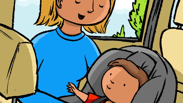 Illustration of mother placing child in car seat