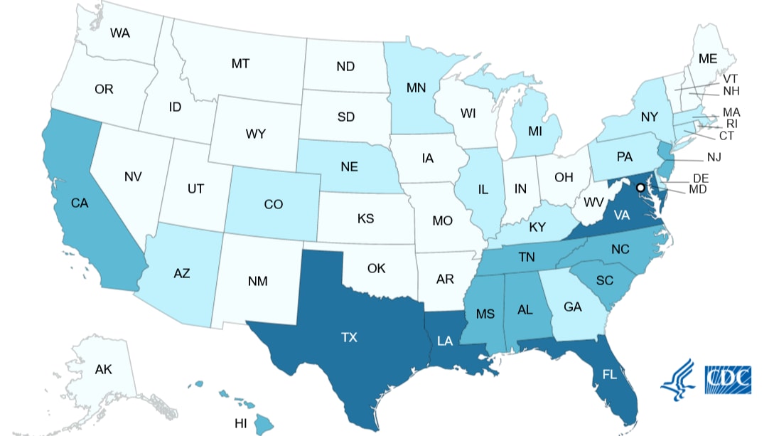 Map of Vibrio vulnificus cases in the United States reported to CDC, by jurisdiction in 2019