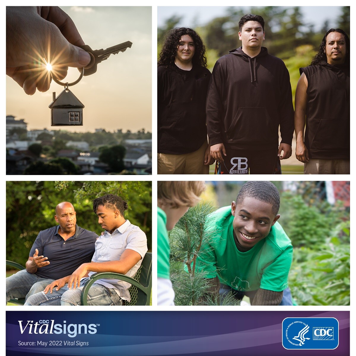 A collage of a a key to a house, a trio of people, an older man advising a young man, and youths planting trees.