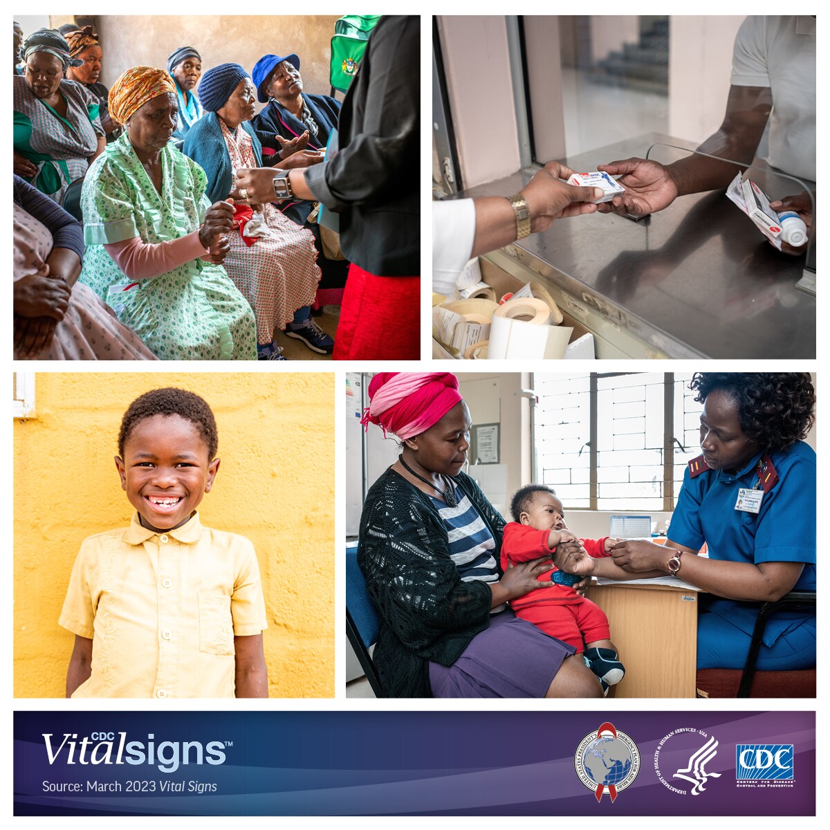 Photo collage of people being educated, a person being handed medicine, a boy smiling, and a mother holding an infant while they are being examined.